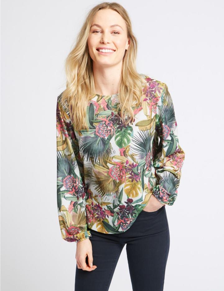 Marks & Spencer Floral Print Round Neck Long Sleeve T-shirt Green Mix