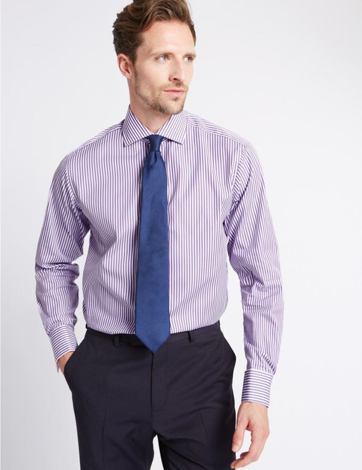 Marks & Spencer 2in Longer Pure Cotton Striped Shirt Rich Purple