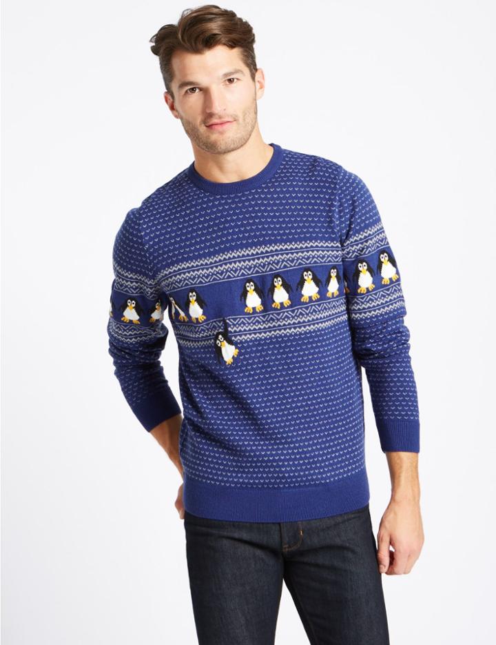 Marks & Spencer Novelty Crew Neck Jumper With Lights Blue