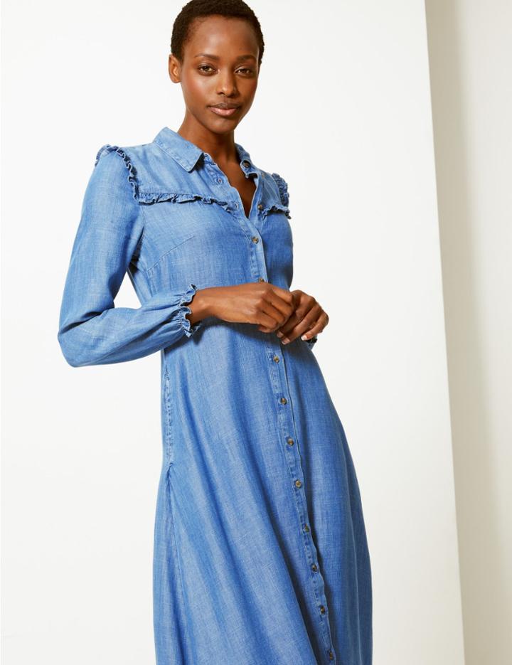 Marks & Spencer Denim Ruffle Shirt Midi Dress Chambray