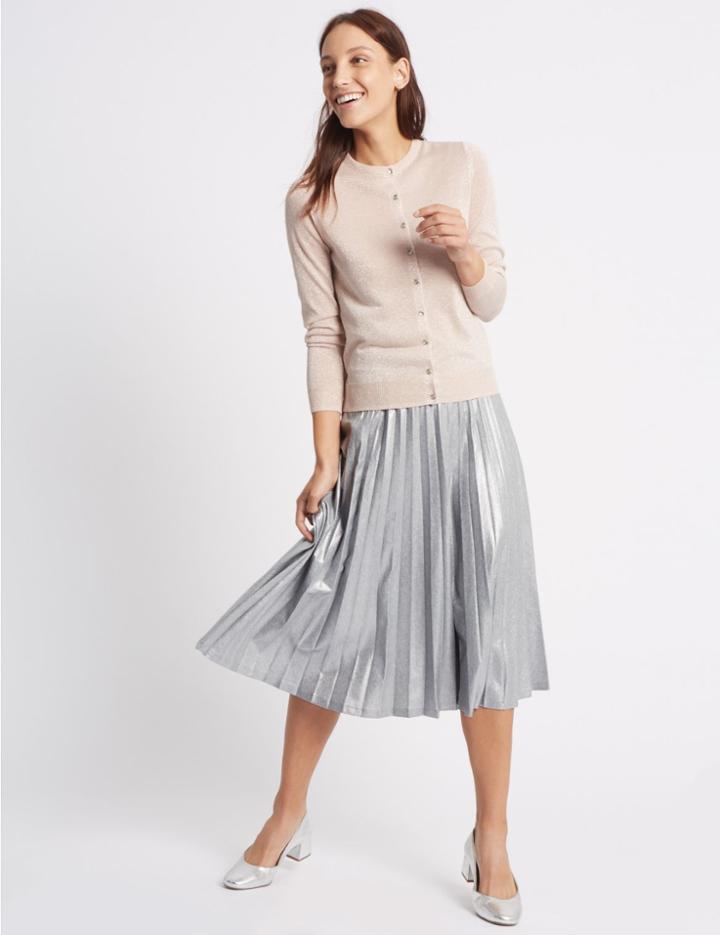 Marks & Spencer Pleated Metallic A-line Midi Skirt Silver