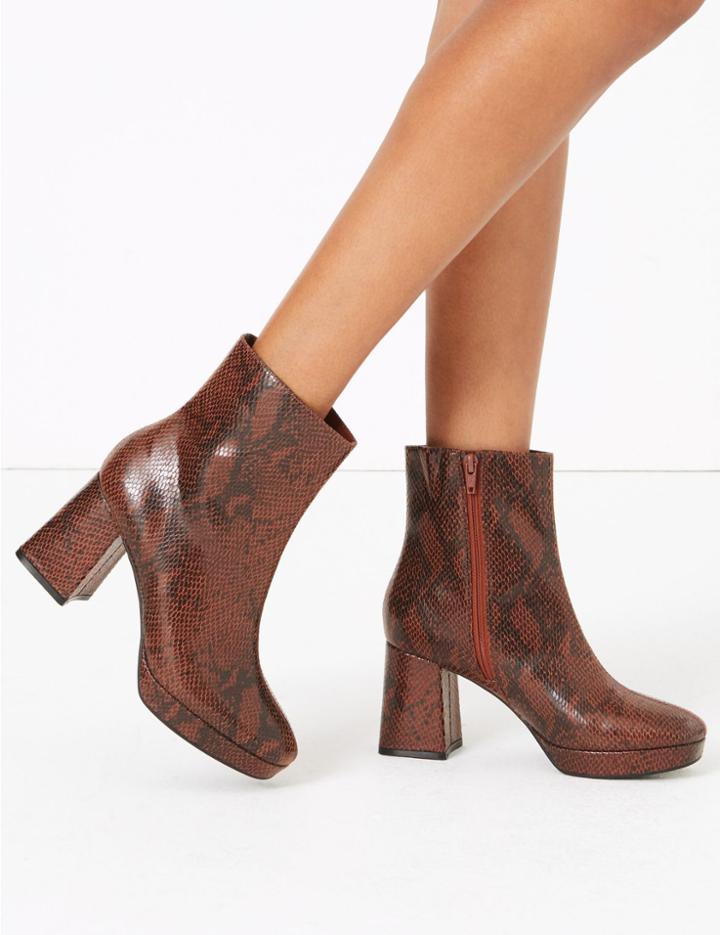 Marks & Spencer Snakeskin Print Block Heel Ankle Boots Brown Mix