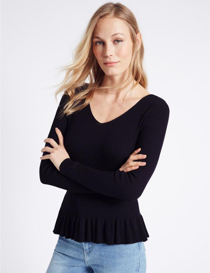 Marks & Spencer Frill V-neck Jumper Dark Midnight