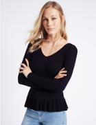 Marks & Spencer Frill V-neck Jumper Dark Midnight
