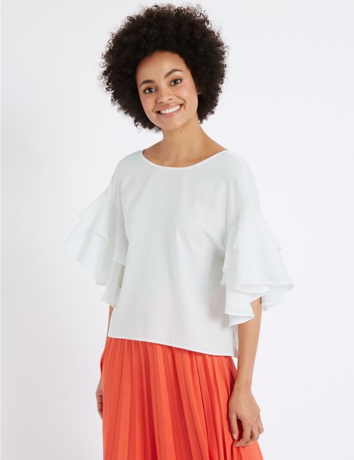 Marks & Spencer Round Neck Flamenco Sleeve Shell Top Soft White