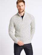 Marks & Spencer Textured Zip Neck Jumper With Wool Winter White