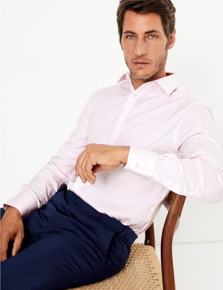 Marks & Spencer English Cotton Tailored Fit Striped Shirt Pink Mix