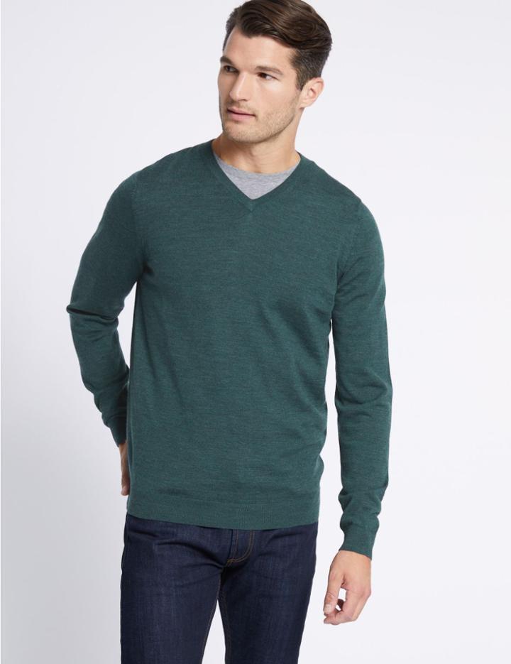 Marks & Spencer Pure Extra Fine Merino V-neck Jumper Green