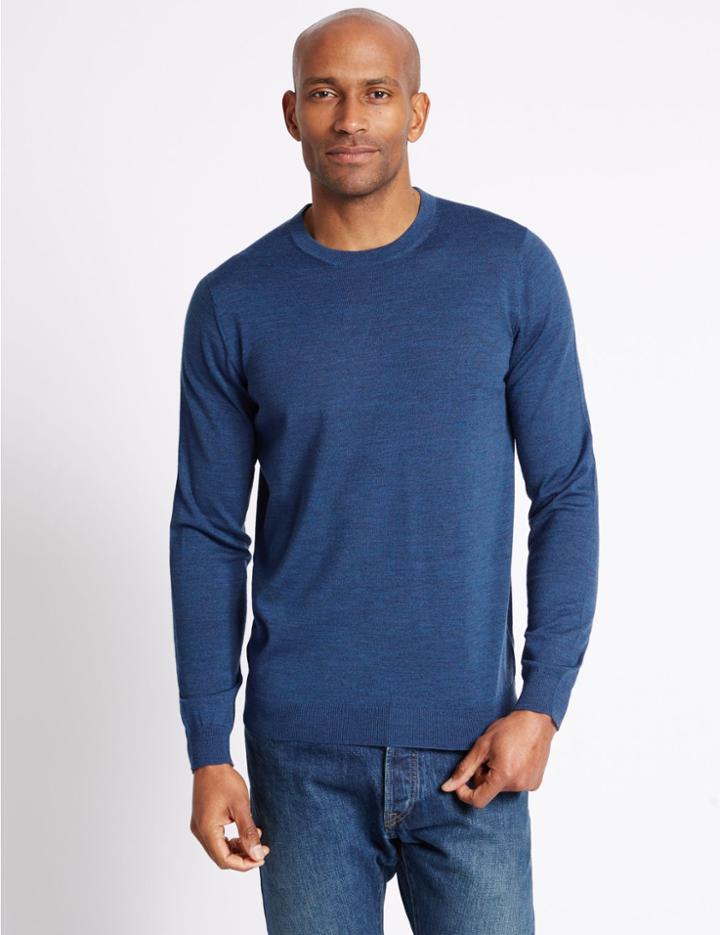Marks & Spencer Pure Merino Wool Crew Neck Jumper Denim