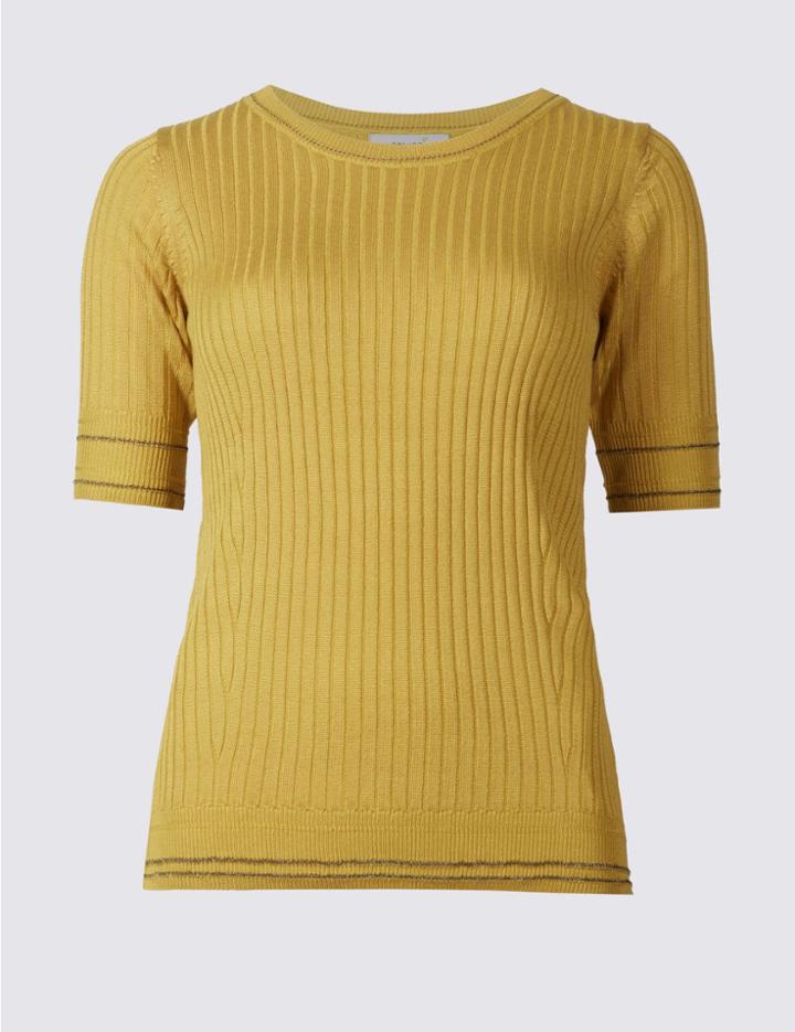 Marks & Spencer Contrasting Edge Half Sleeve Jumpers Lime