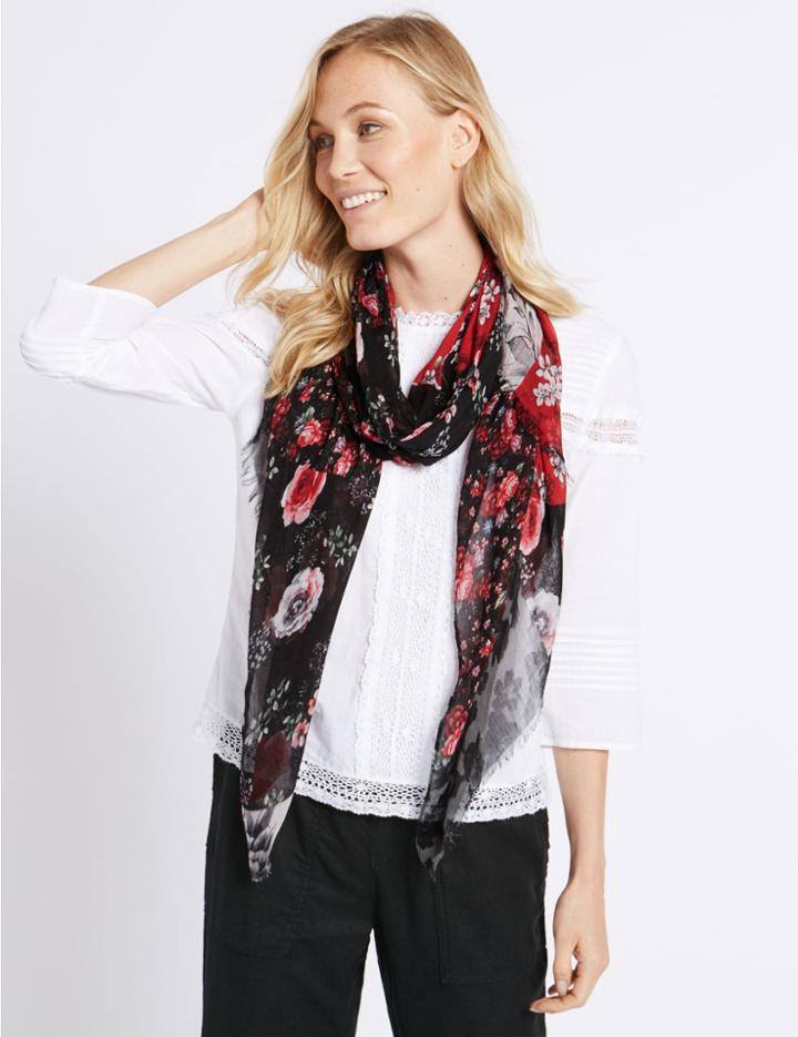 Marks & Spencer Floral Print Patchwork Scarf Red Mix