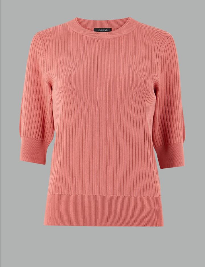 Marks & Spencer Ribbed Round Neck Knitted Top Hot Bronze