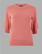 Marks & Spencer Ribbed Round Neck Knitted Top Hot Bronze