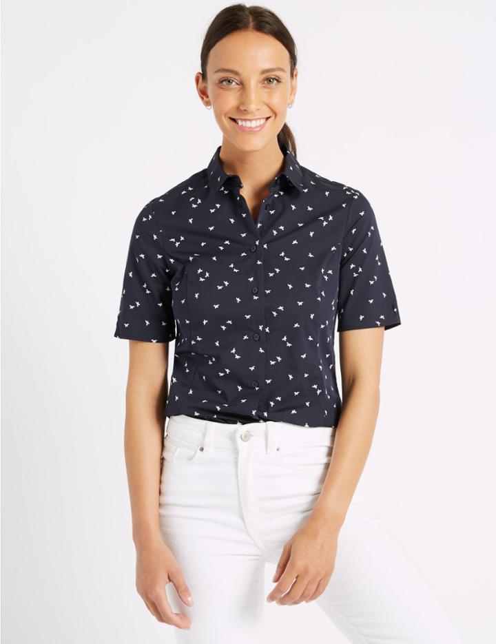 Marks & Spencer Cotton Rich Printed Short Sleeve Shirt White Mix
