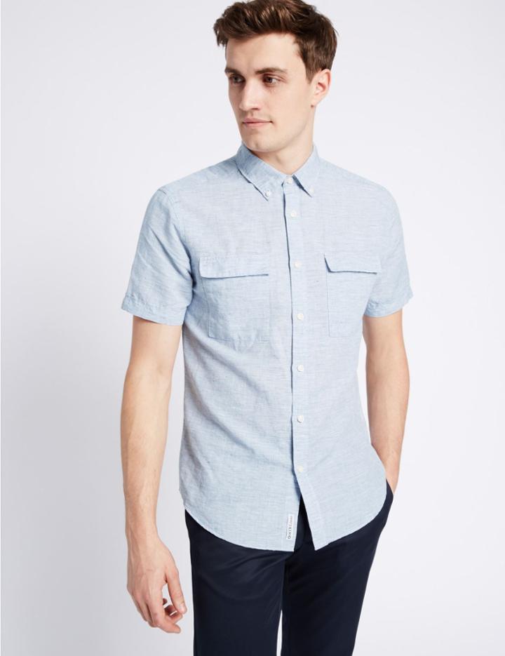 Marks & Spencer Linen Rich Slim Fit Shirt With Pockets Light Blue