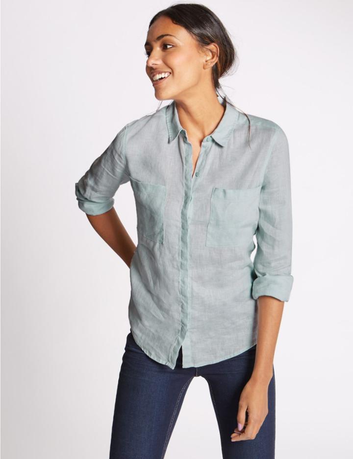 Marks & Spencer Pure Linen Long Sleeve Shirt Light Blue