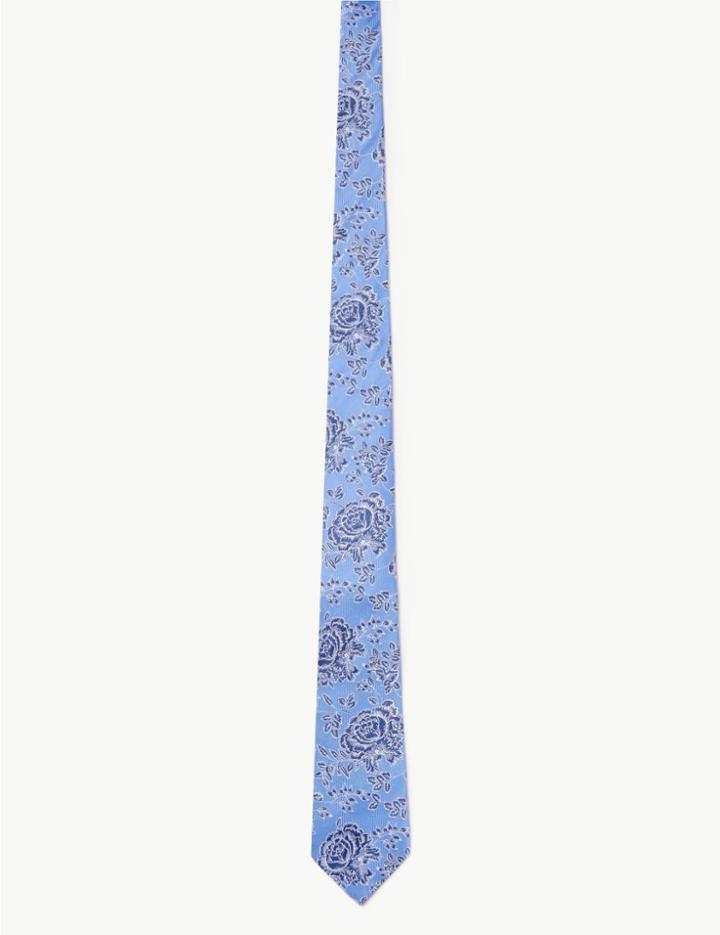 Marks & Spencer Pure Silk Rose Floral Tie Light Blue Mix