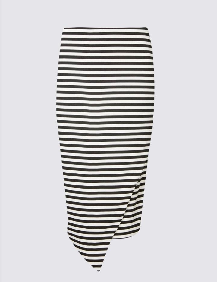 Marks & Spencer Striped Asymmetric Wrap Pencil Midi Skirt Black Mix