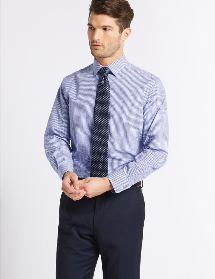 Marks & Spencer Cotton Rich Easy To Iron Regular Fit Shirt Indigo Mix