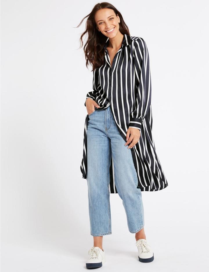 Marks & Spencer Striped Long Sleeve Shirt Midi Dress Navy Mix