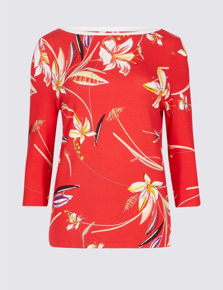Marks & Spencer Floral Print Slash Neck Long Sleeve Top Red Mix