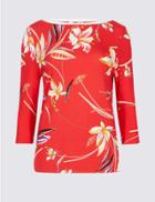 Marks & Spencer Floral Print Slash Neck Long Sleeve Top Red Mix