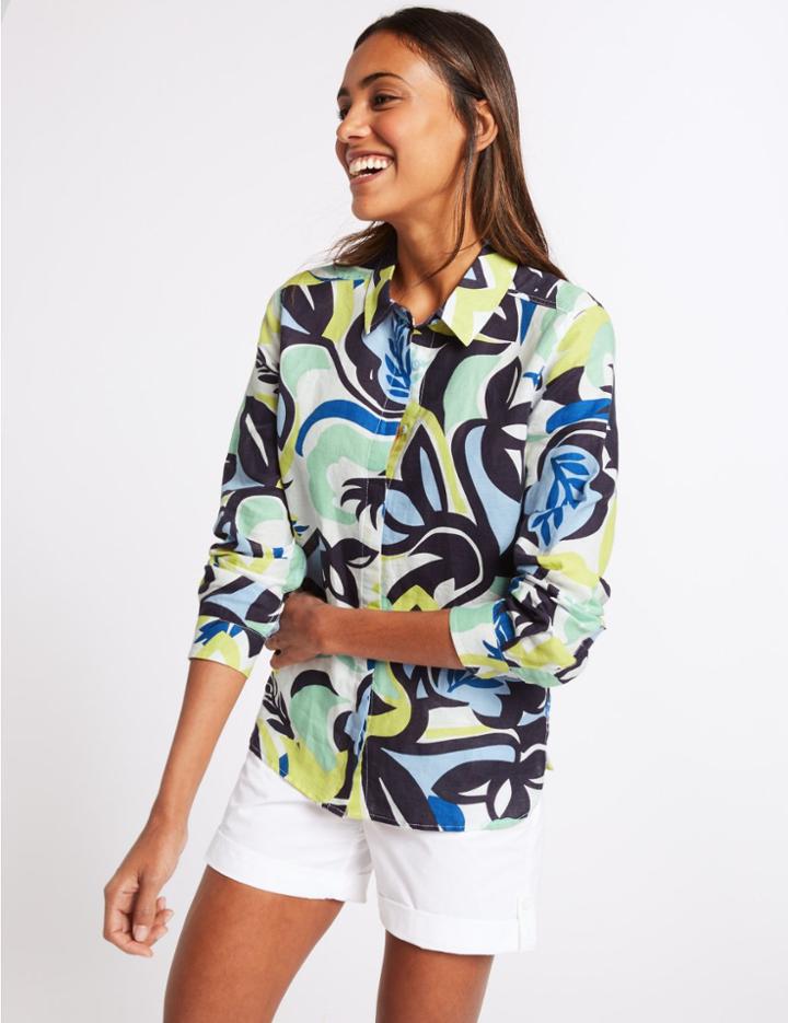 Marks & Spencer Linen Rich Printed Long Sleeve Shirt Blue Mix