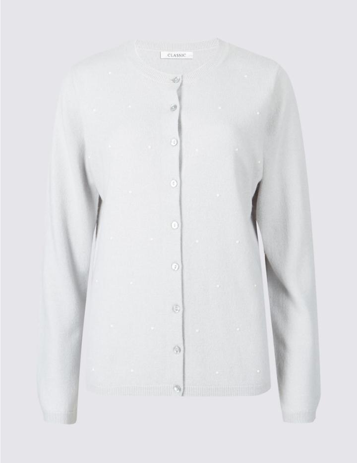 Marks & Spencer Embellished Round Neck Cardigan Grey Mix