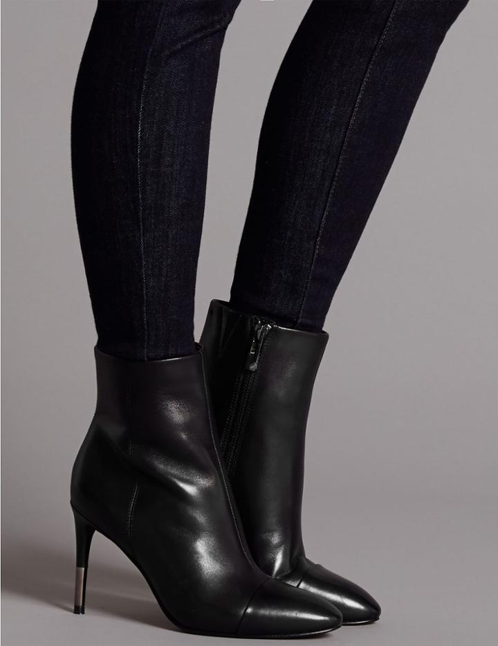 Marks & Spencer Leather Stiletto Heel Toe Cap Ankle Boots Black