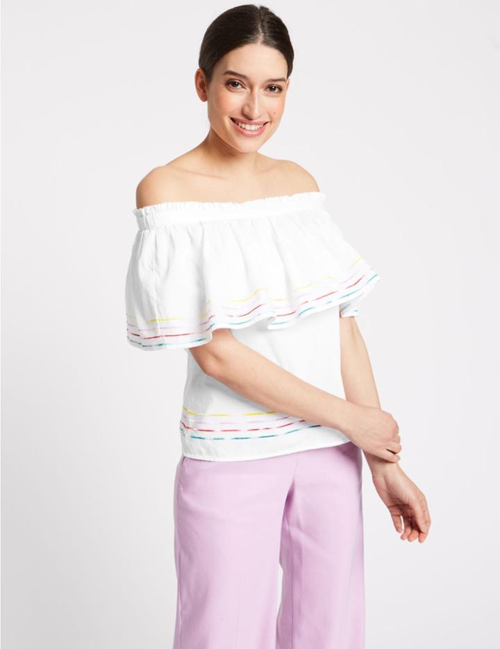 Marks & Spencer Pure Cotton Half Sleeve Bardot Top White Mix