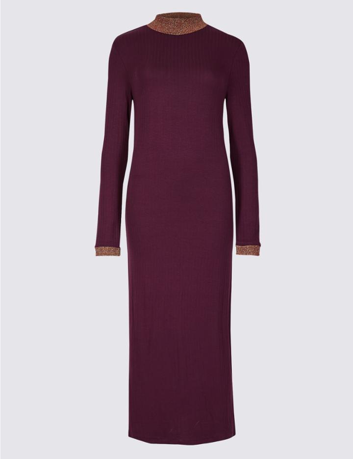 Marks & Spencer Textured Long Sleeve Midi Dress Plum Mix