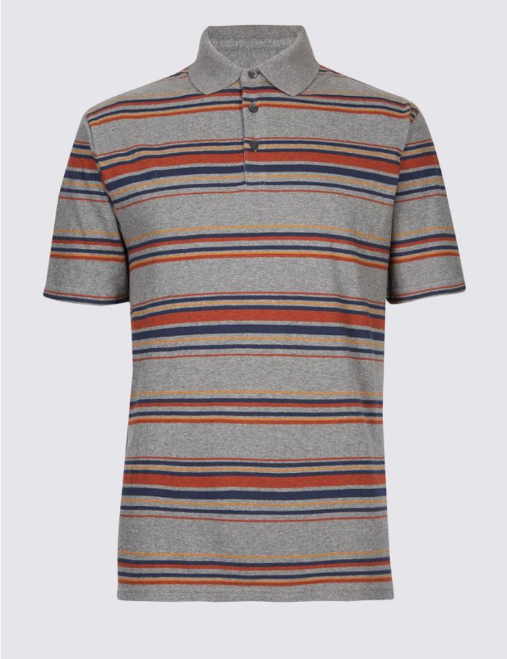 Marks & Spencer Pure Cotton Striped Polo Shirt Mid Grey Marl