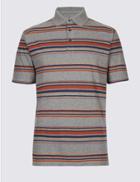 Marks & Spencer Pure Cotton Striped Polo Shirt Mid Grey Marl