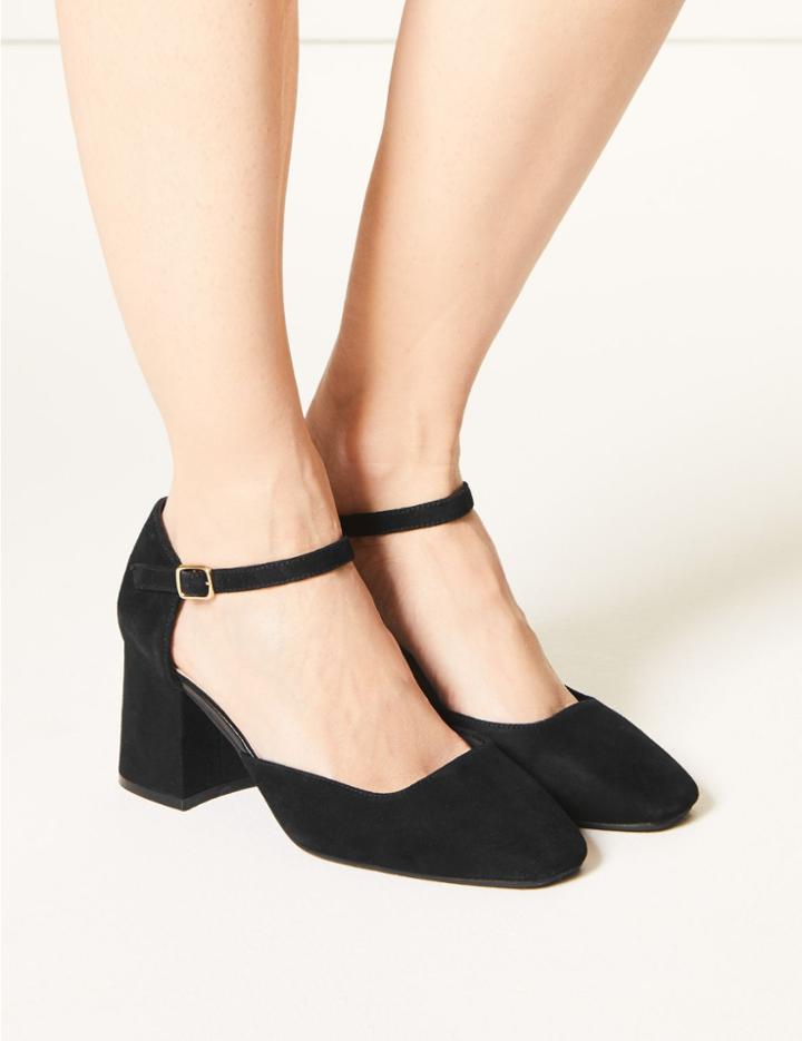 Marks & Spencer Wide Fit Suede Block Heel Court Shoes Black