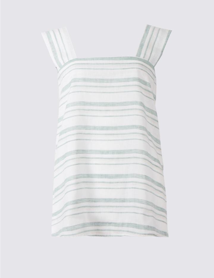 Marks & Spencer Linen Rich Striped Sleeveless Vest Top Chambray Mix