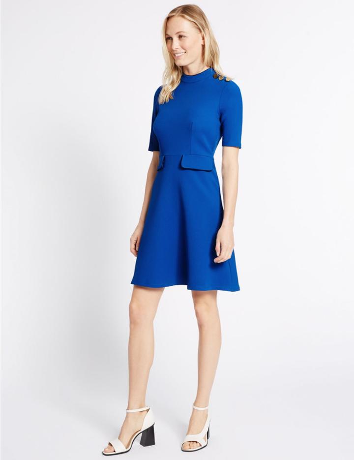 Marks & Spencer Contrasting Edge Button Skater Dress Blue