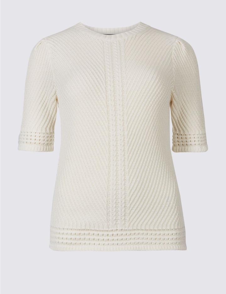 Marks & Spencer Pure Cotton Textured Round Neck Jumper Cream