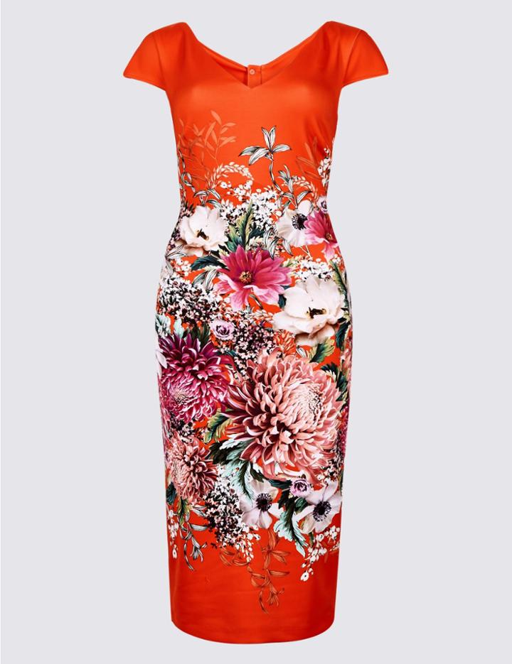 Marks & Spencer Floral Print Short Sleeve Bodycon Midi Dress Orange Mix
