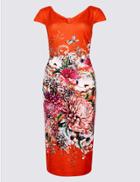 Marks & Spencer Floral Print Short Sleeve Bodycon Midi Dress Orange Mix