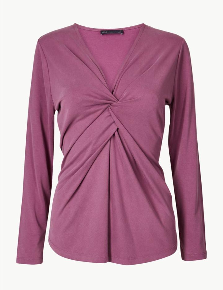 Marks & Spencer Twisted Front V-neck Long Sleeve T-shirt Mid Magenta