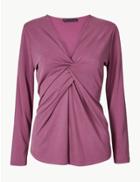 Marks & Spencer Twisted Front V-neck Long Sleeve T-shirt Mid Magenta