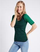 Marks & Spencer Pure Cotton Striped Half Sleeve T-shirt Green Mix
