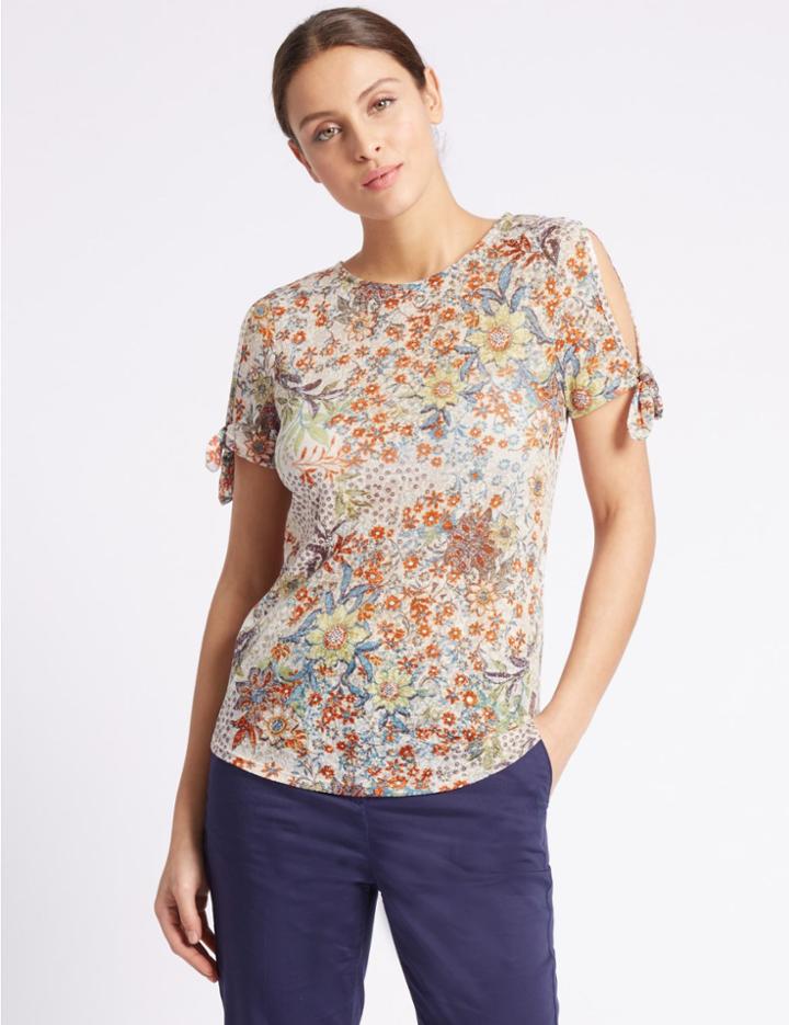 Marks & Spencer Cotton Blend Floral Print Jersey Top Orange Mix