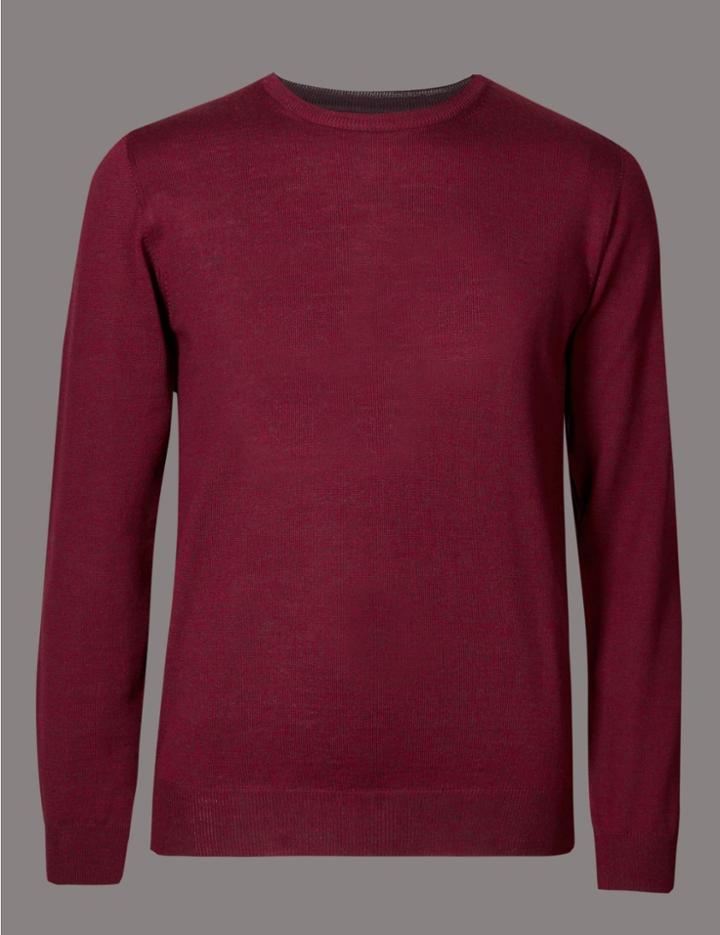 Marks & Spencer Pure Merino Wool Textured Crew Neck Jumper Red Mix