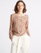Marks & Spencer Animal Print Pleat Back Long Sleeve Top Peach Mix