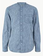 Marks & Spencer Cotton Striped Grandad Shirt Blue Mix