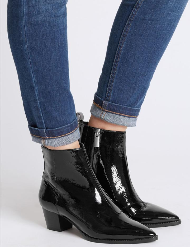 Marks & Spencer Studded Leather Block Heel Pointed Ankle Boots Black Patent