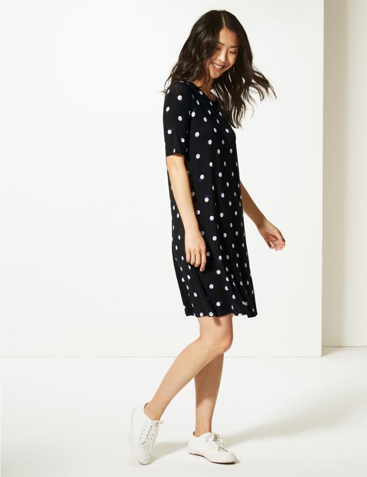 Marks & Spencer Polka Dot Jersey Swing Dress Black Mix
