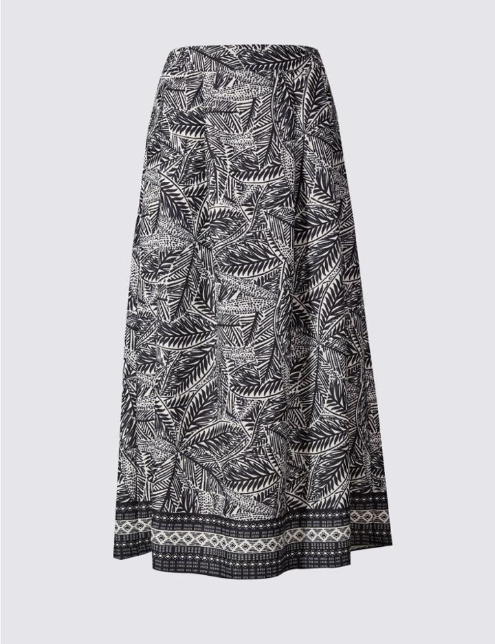 Marks & Spencer Leaf Print A-line Midi Skirt Black Mix