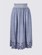Marks & Spencer Striped Embroidered Hem Midi Skirt Blue Mix